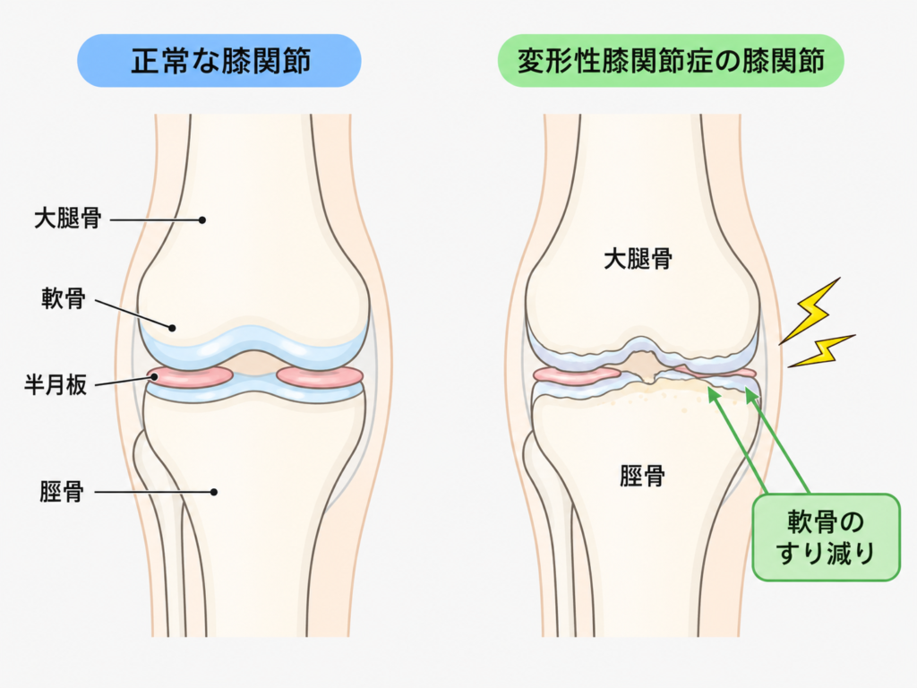 正常な膝関節と変形性膝関節症による関節裂隙や骨の変化を比較したイラスト