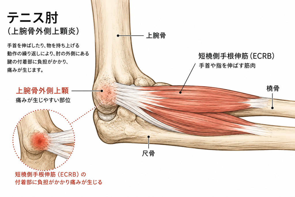 テニス肘で痛みが生じやすい上腕骨外側上顆と短橈側手根伸筋の付着部を示したイラスト