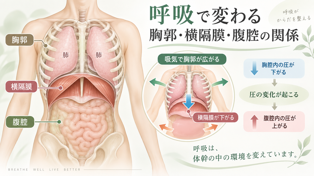 呼吸による胸郭・横隔膜・腹腔の動きと圧変化を示した図。吸気時に胸郭が広がり、横隔膜が下がる関係を説明している。
