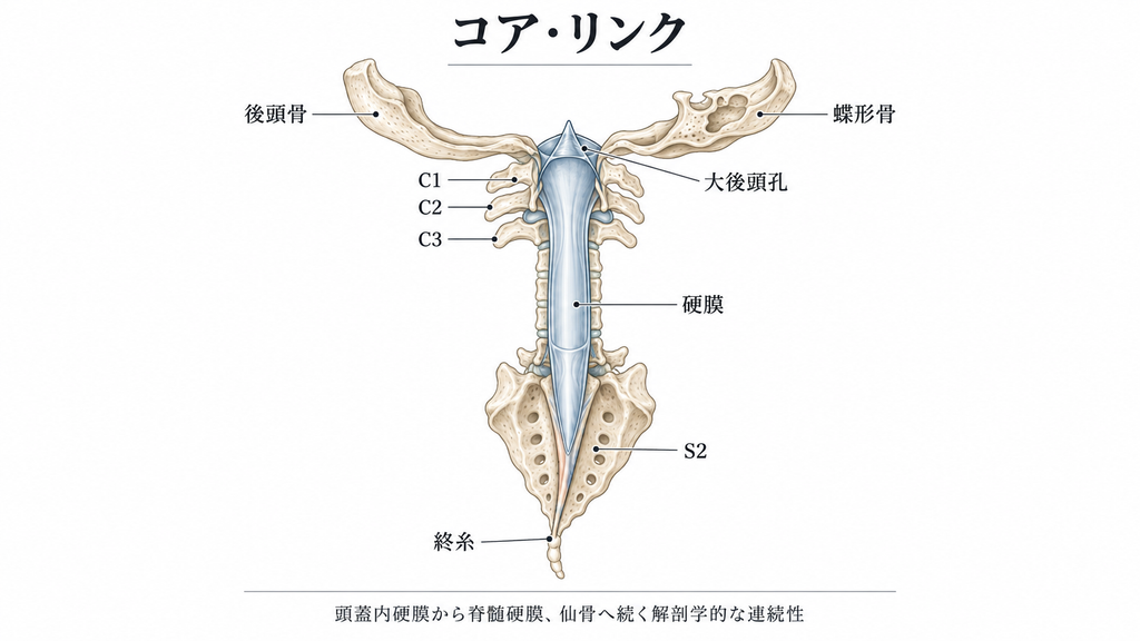 頭蓋内硬膜から脊髄硬膜、仙骨へ続くコア・リンクの解剖図。後頭骨、蝶形骨、大後頭孔、硬膜、S2、終糸の位置関係を示している。