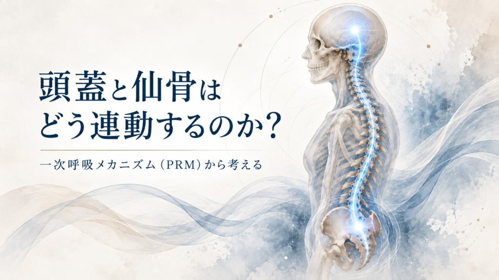 頭蓋と仙骨のつながりを示すイメージ画像。頭蓋と骨盤（仙骨）が流れるようなラインで結ばれ、一次呼吸メカニズム（PRM）による連動を表現している。