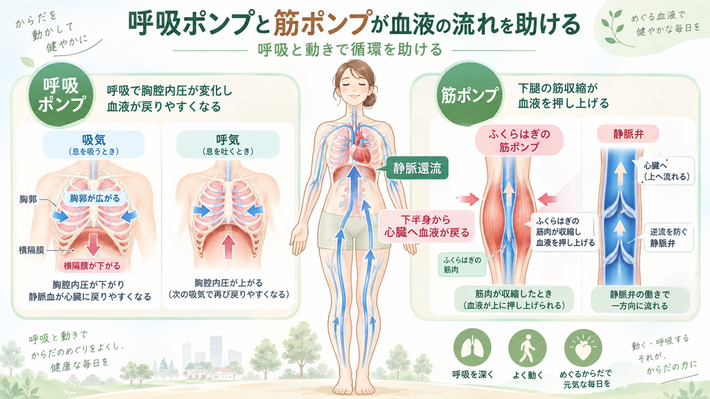 呼吸ポンプとふくらはぎの筋ポンプによって、下半身から心臓へ血液が戻る静脈還流の仕組みを示した図。