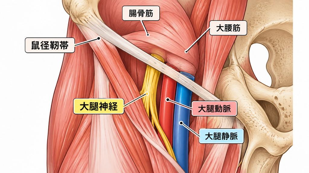 鼠径部を走行する大腿神経と腸骨筋・大腰筋・大腿動脈・大腿静脈の解剖図